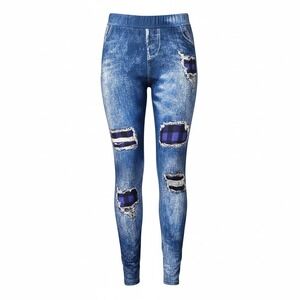 Shein Curve Womens 4XL Blue Faux Denim Patch Print Leggings Distressed Look